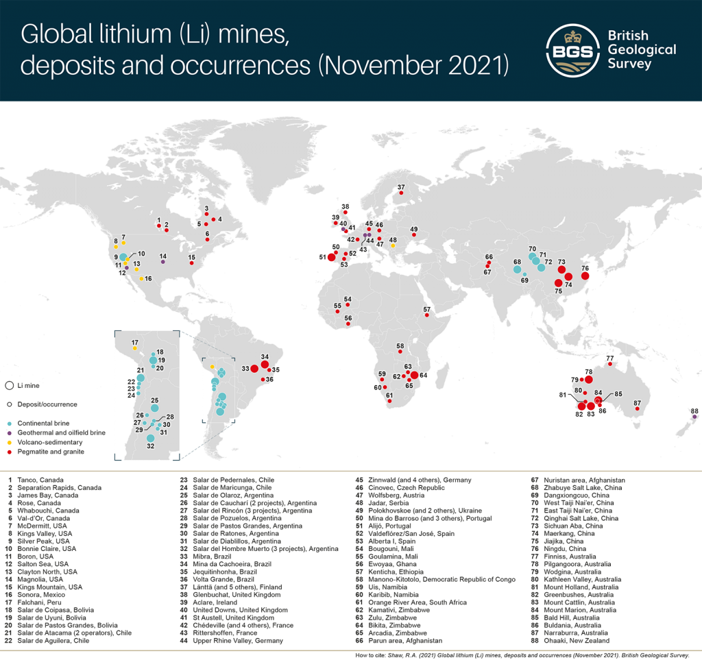 World map containing dots indicating locations of lithium. Corresponding legend of the dots is located at the bottom.